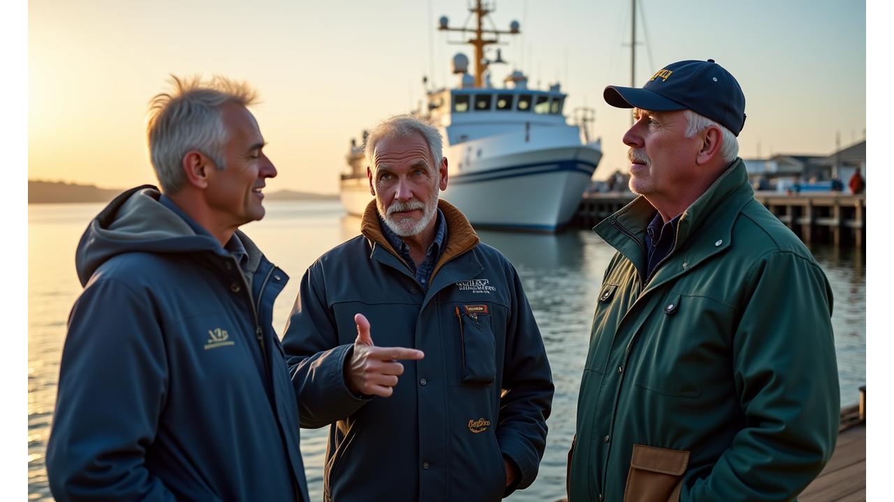 Founding team discussing sustainable fishing practices on a dock in Halifax, Nova Scotia with a fishing vessel in the background