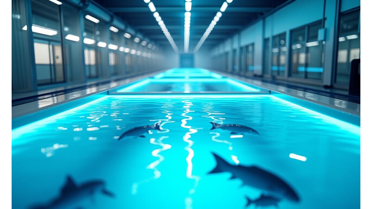 Modern aquaculture facility with clear water tanks and controlled lighting, showcasing advanced technology for fish farming in Nova Scotia
