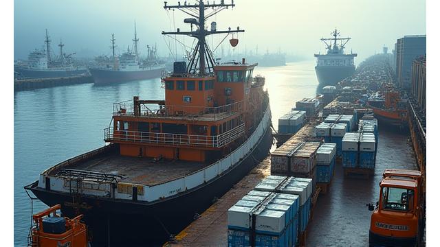 A large commercial fishing vessel receiving a bulk pallet of bait at a busy Halifax dock.