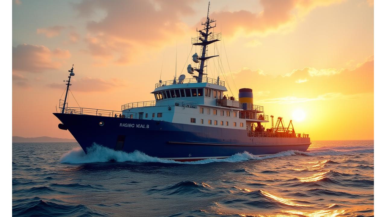 Panoramic view of commercial fishing trawler in Atlantic Canada waters at sunrise, showcasing advanced fishing gear on deck.