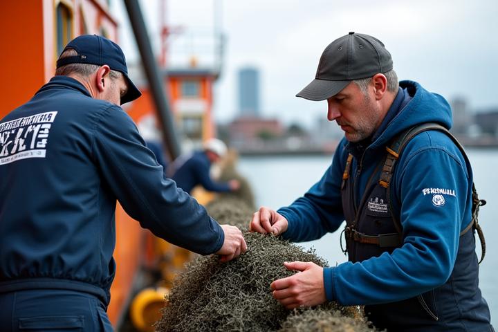 Two experienced Perennial Catch technicians installing a large trawl net on the deck of a commercial fishing vessel in Halifax Harbour.