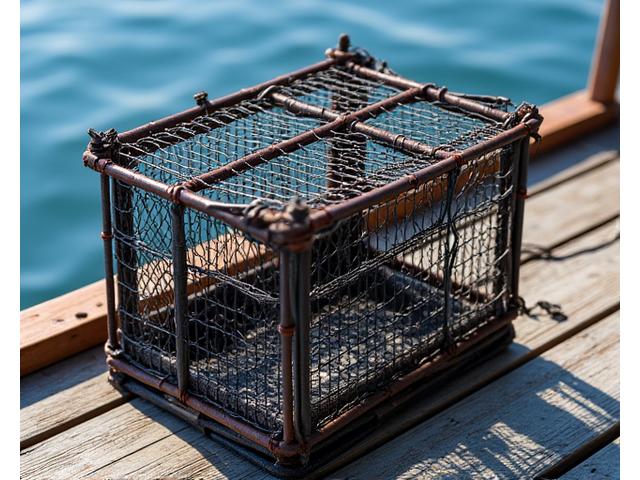 Detailed photo of a heavy-duty commercial lobster trap made from robust rebar and mesh, ready for deployment.