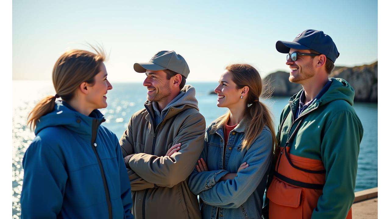 A diverse group of maritime professionals (fishermen, marine scientists) smiling and looking hopeful, with the ocean in the background, symbolizing collective action and a positive future.