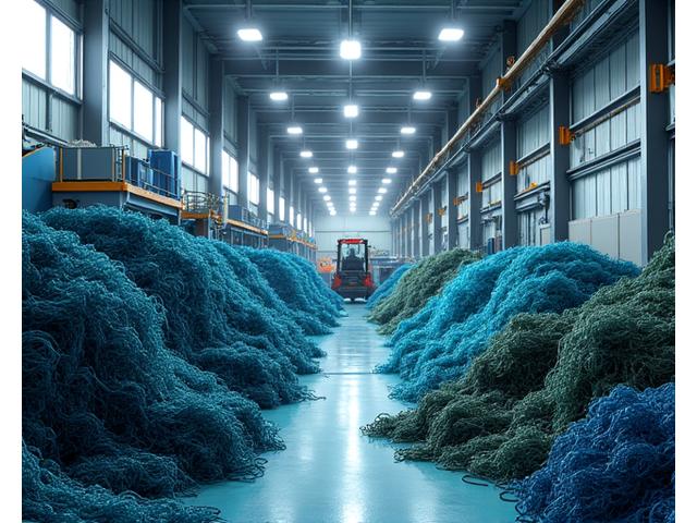 A scene at a recycling facility, showing large fishing nets being sorted and processed by machinery, with clear signs of proper waste management.