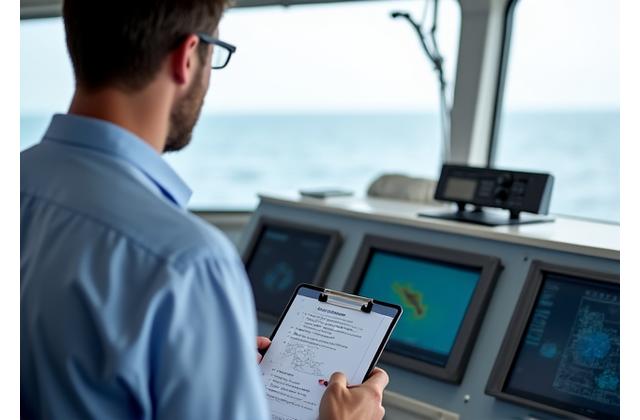 Maritime safety consultant performing an audit on a fishing vessel's bridge with a checklist and tablet