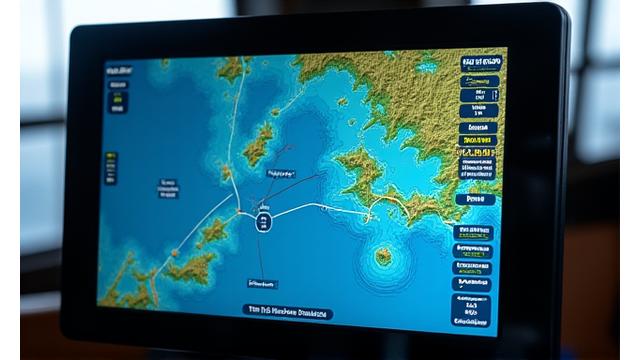 Detailed GPS chartplotter display featuring accurate vessel position, bathymetric contours, and marked fishing grounds in an offshore zone.