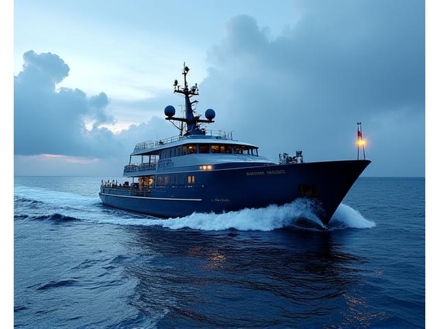 Modern offshore fishing vessel navigating deep blue Atlantic waters under a vast sky, with advanced sonar displaying fish schools.