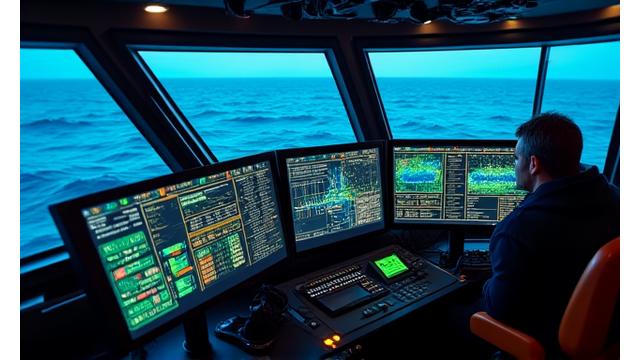 Screens displaying real-time data feeds from REM systems, showing catch data, vessel location, and environmental parameters